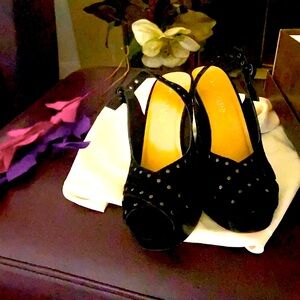 Suede peep toe wedge heels by Anne Klein